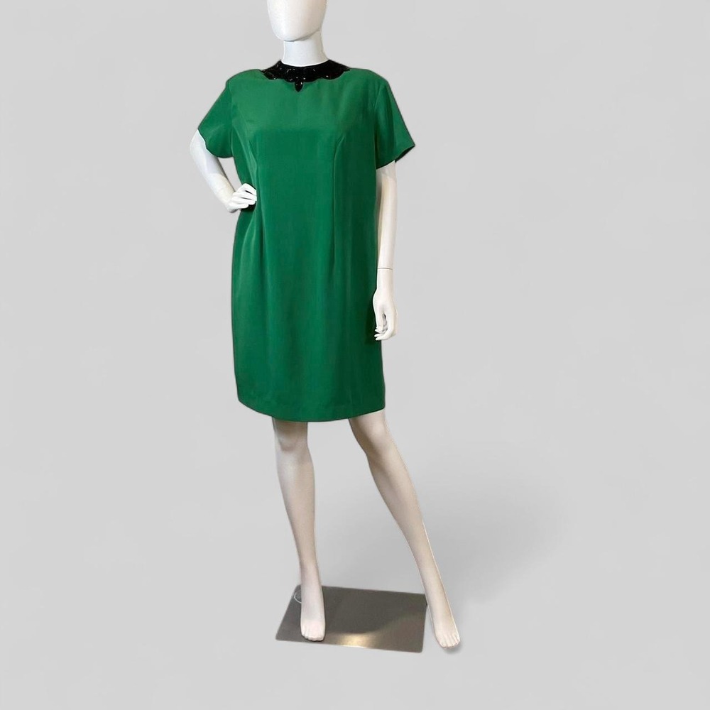 Vintage Emerald Green Beaded Collar Shift Dress‎ | 80s Cocktail Party Midi Mini